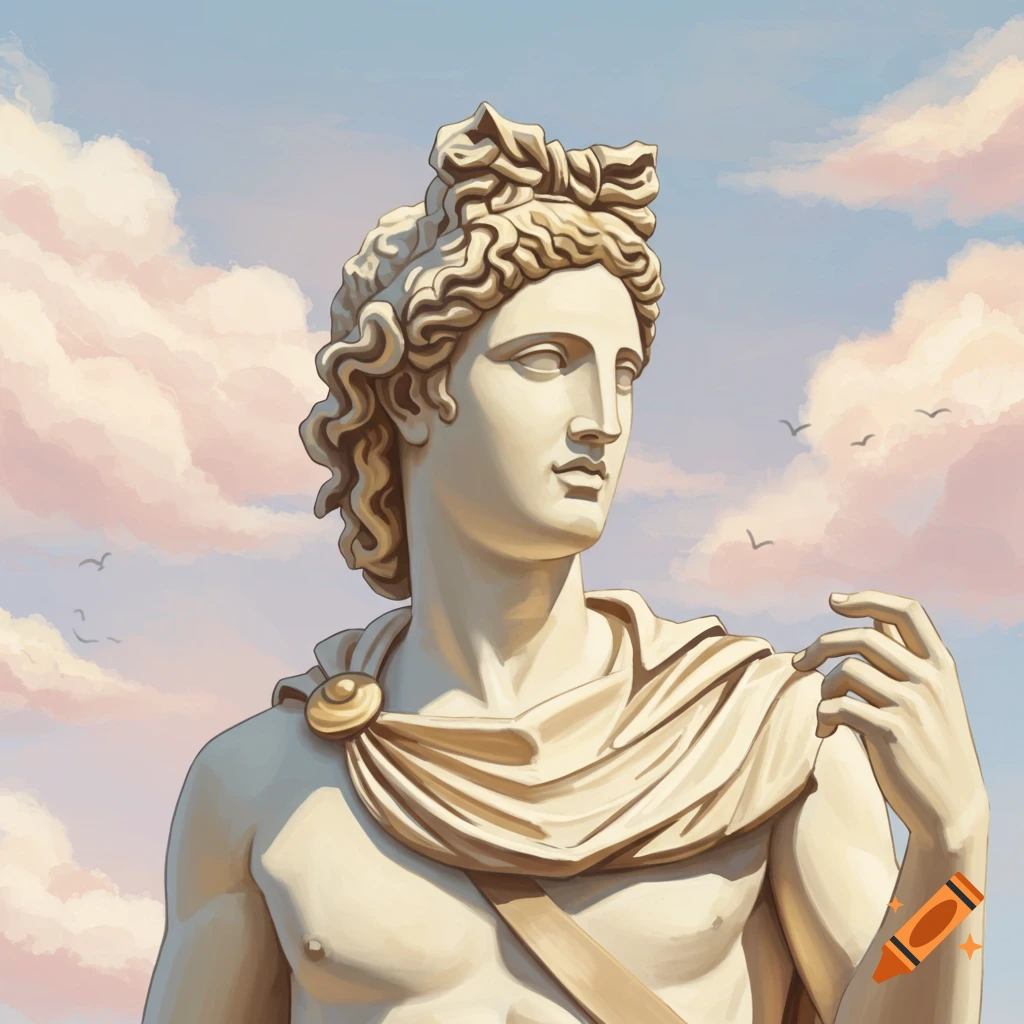 Close-up view of a statue of Apollo against a sky with clouds and birds.