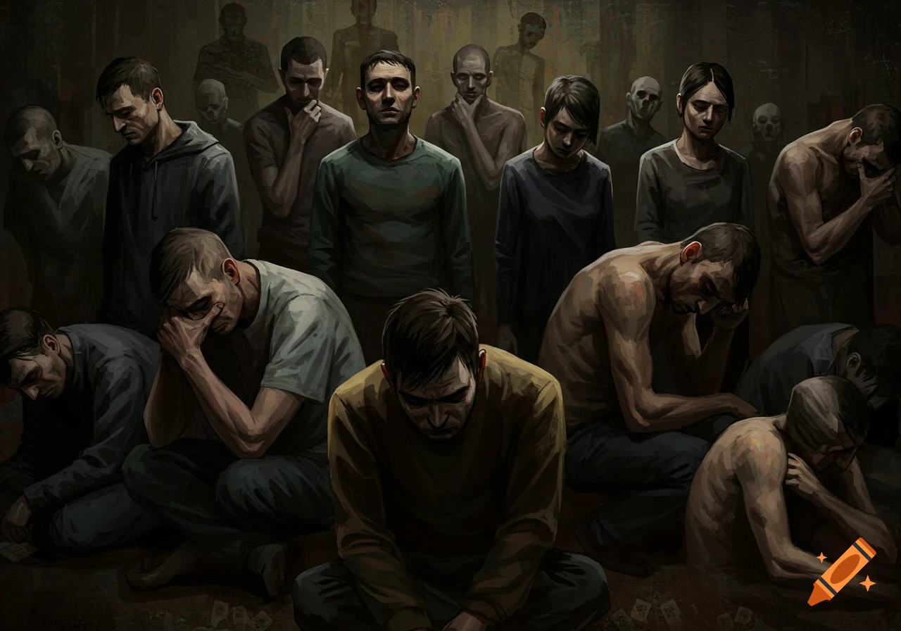 A group of distressed people in a dark, somber setting.