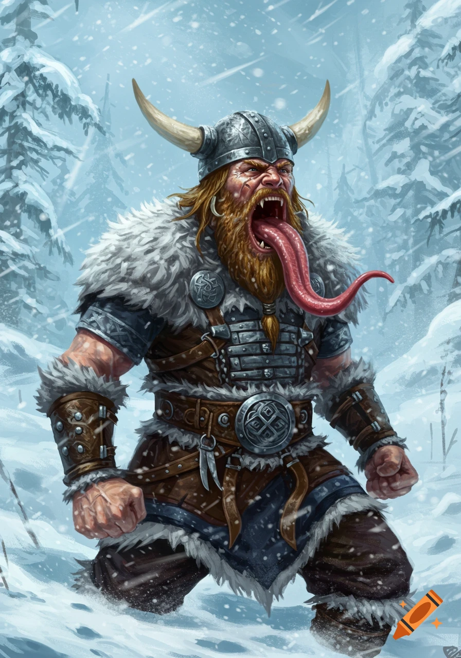 Illustration of a fierce viking with a long lizard tongue roaring in a snowy forest.