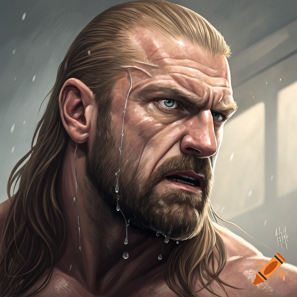 Realistic close-up portrait of a sweaty man with long blonde hair and beard.
