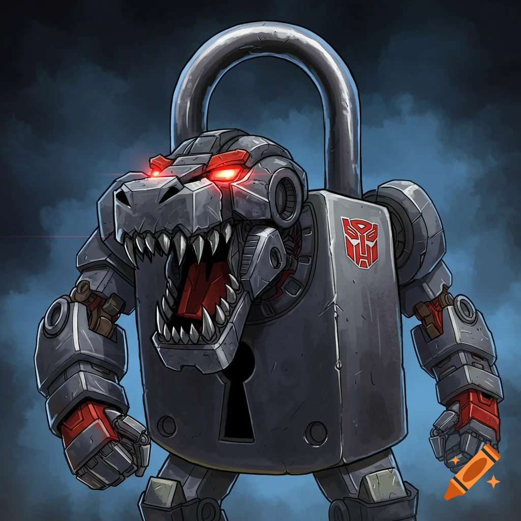Cartoonish robot Grimlock figure with a padlock body, dinosaur head, glowing red eyes, and an Autobot symbol.