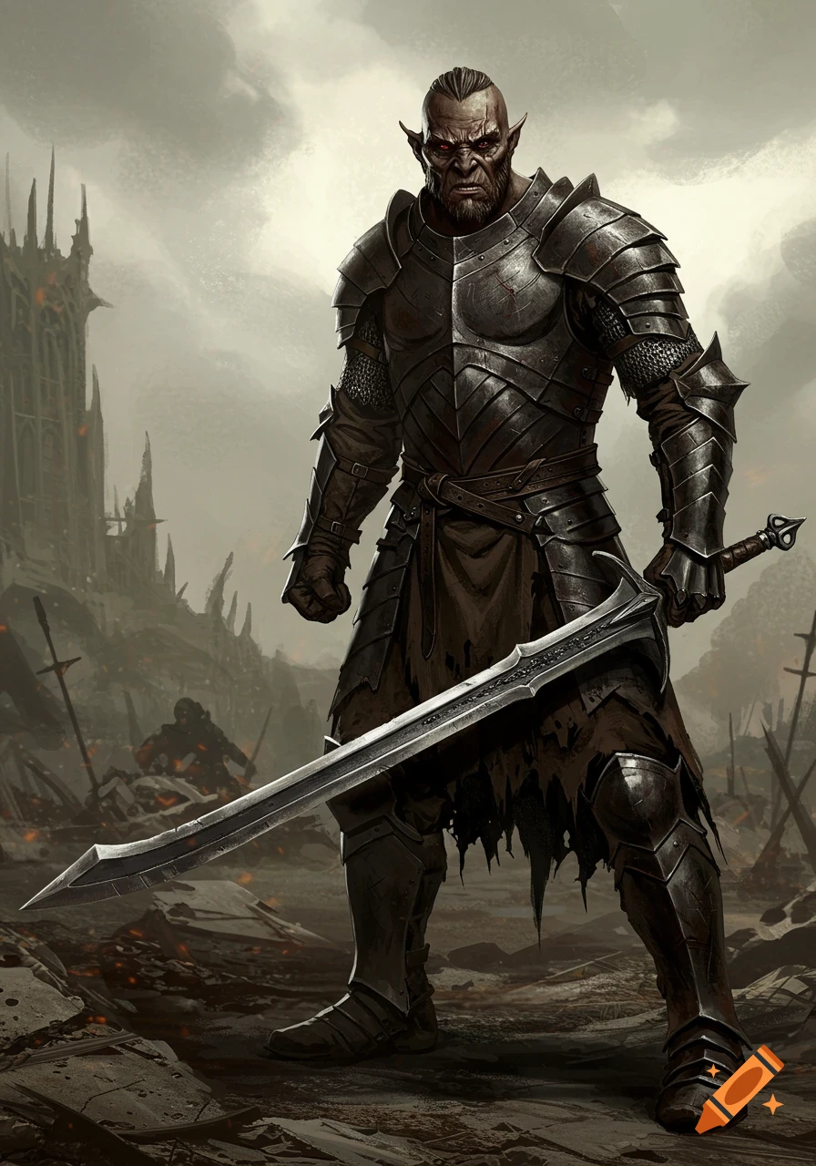 Uruk-hai warrior in armor holds a large sword on a battleground with ruined buildings and soldiers in the background.