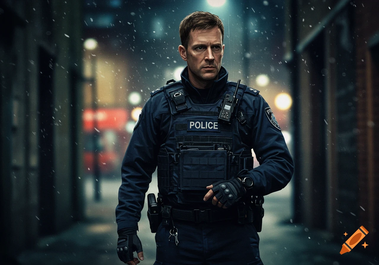 Photorealistic image of a police officer standing in the snow at night.