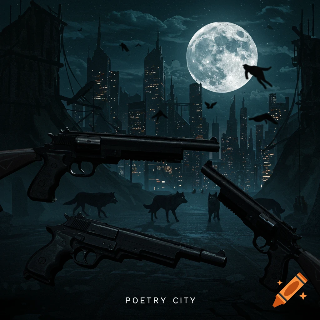 Dark, stylized cityscape under full moon with silhouetted wolves and large firearms in the foreground.