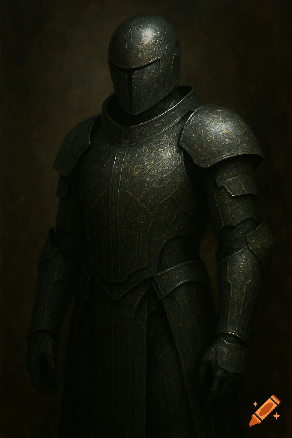 A dark portrait of a knight in ornate, dark metallic armor with golden patterns.