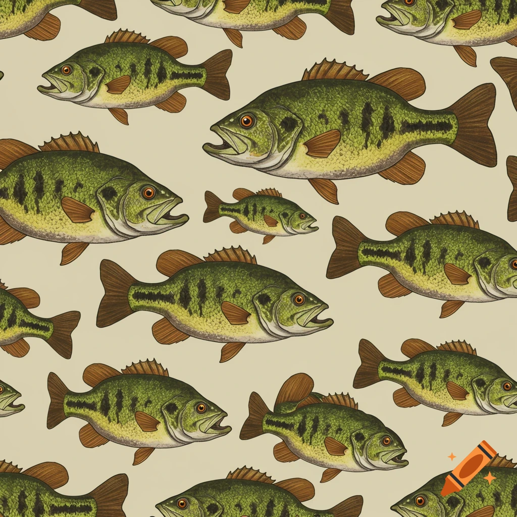 A seamless pattern of green bass fish on a light background in an illustrated style.