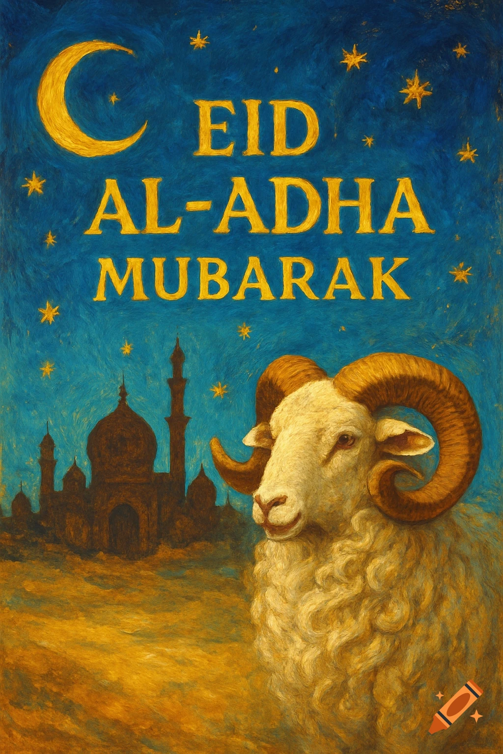 A ram and mosque silhouette beneath a crescent moon and stars, with text "Eid Al-Adha Mubarak" in a painterly style.