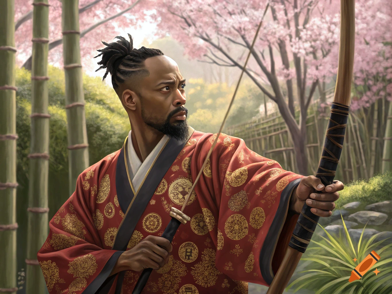 Man in red and gold kimono holds a traditional bow in a bamboo forest with cherry blossoms.
