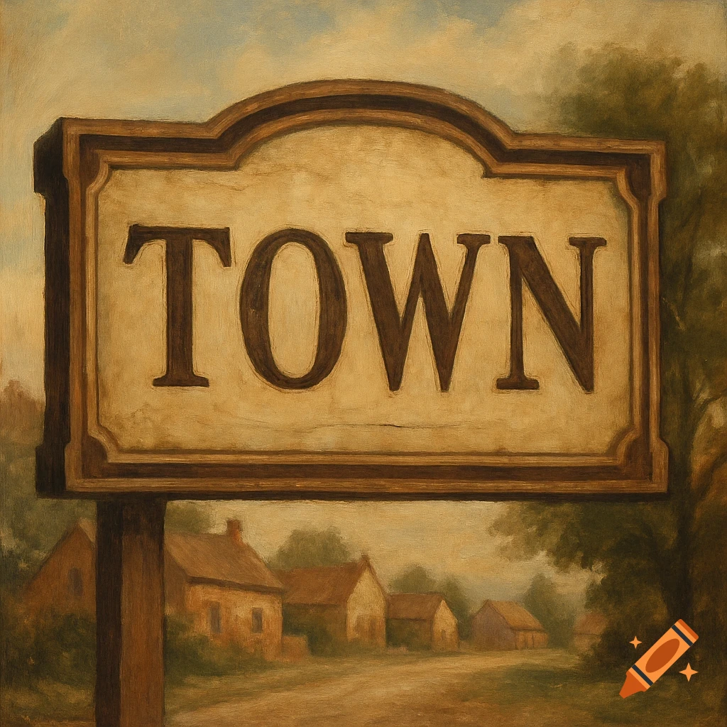 A vintage painting of a sign saying TOWN over a village street scene.