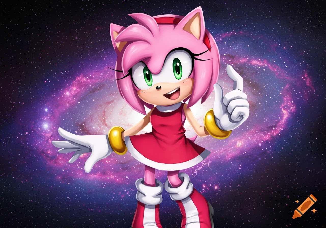 Amy Rose smiles in a pink dress against a colorful galaxy background.
