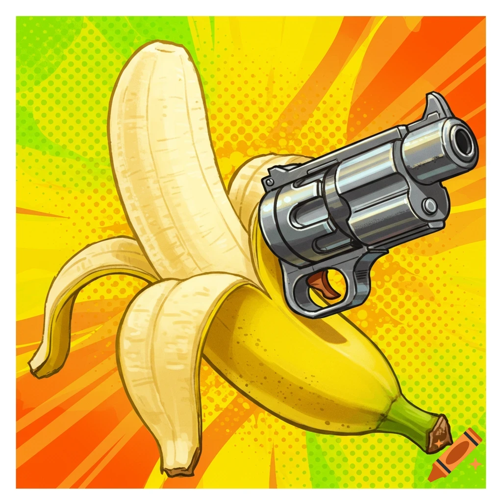 Pop art illustration of a banana with a revolver