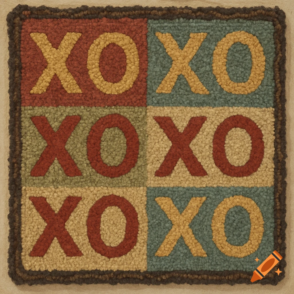 Tufted rug with red, yellow, blue, and tan squares arranged in an XOXO grid.