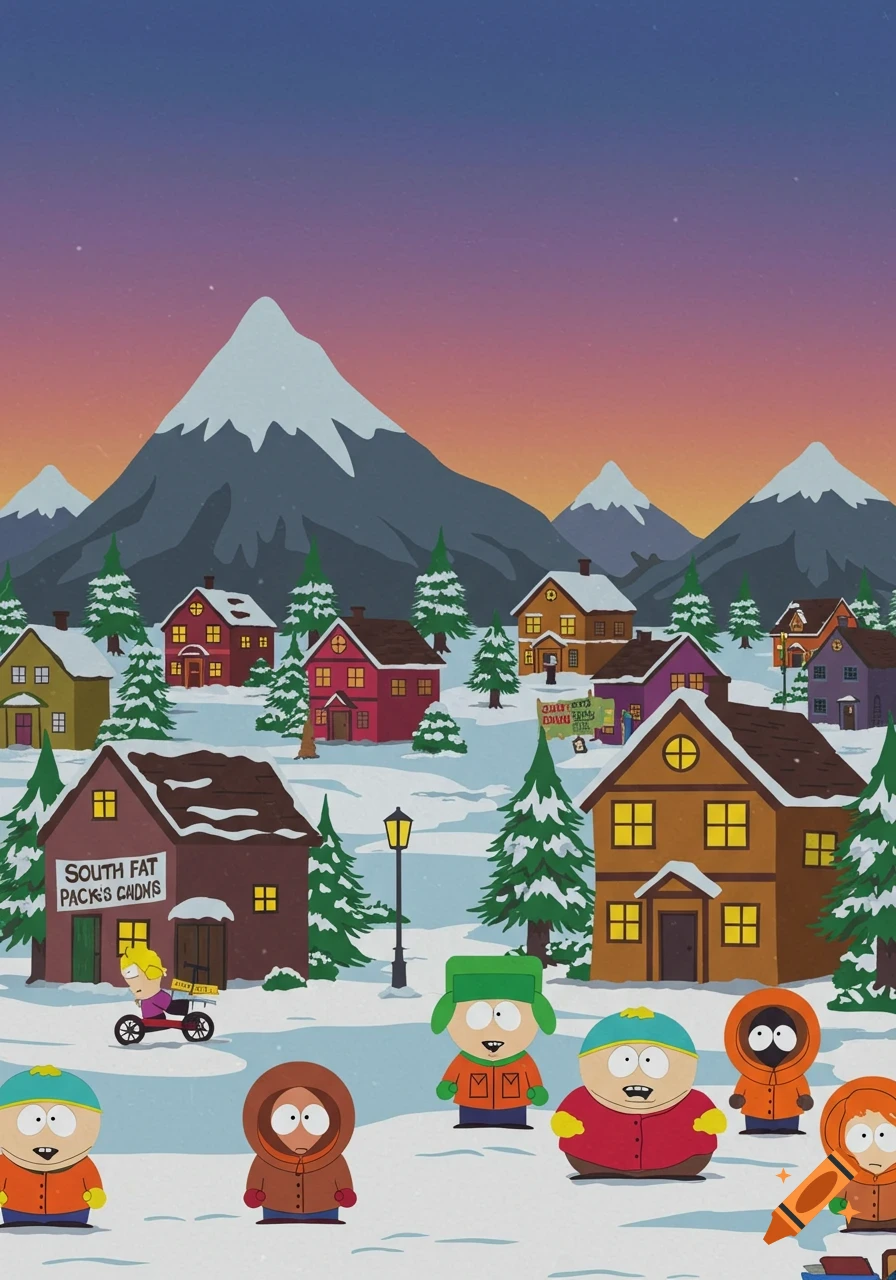 South Park characters stand in a snowy town with mountains in the background.