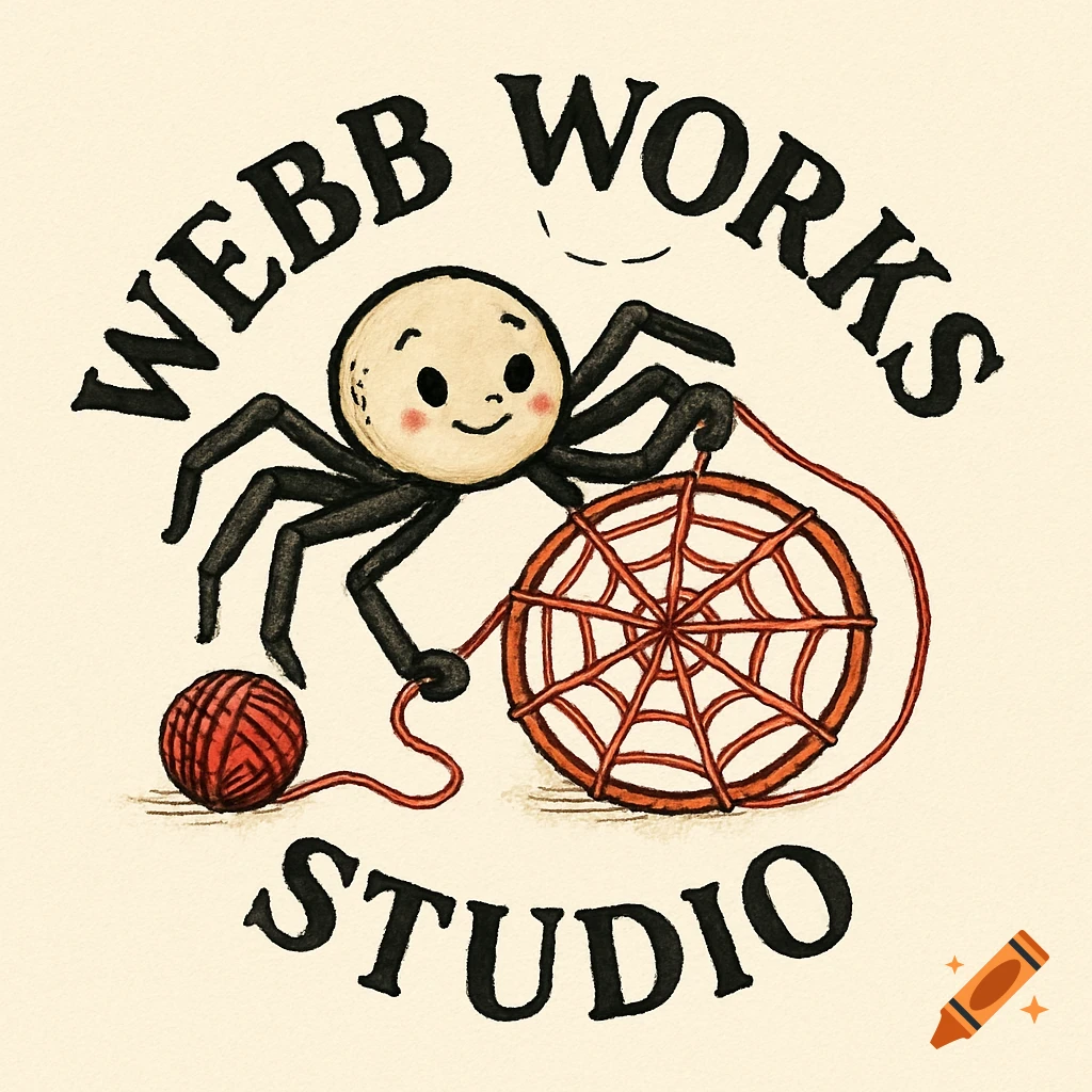 A cartoon spider with yarn and a web, with the words "WEBB WORKS STUDIO" around it in a vintage illustration style.