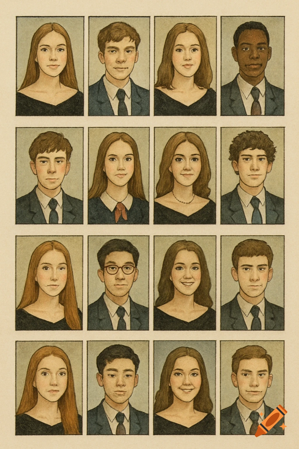Illustrated portraits of students in a high school yearbook grid.