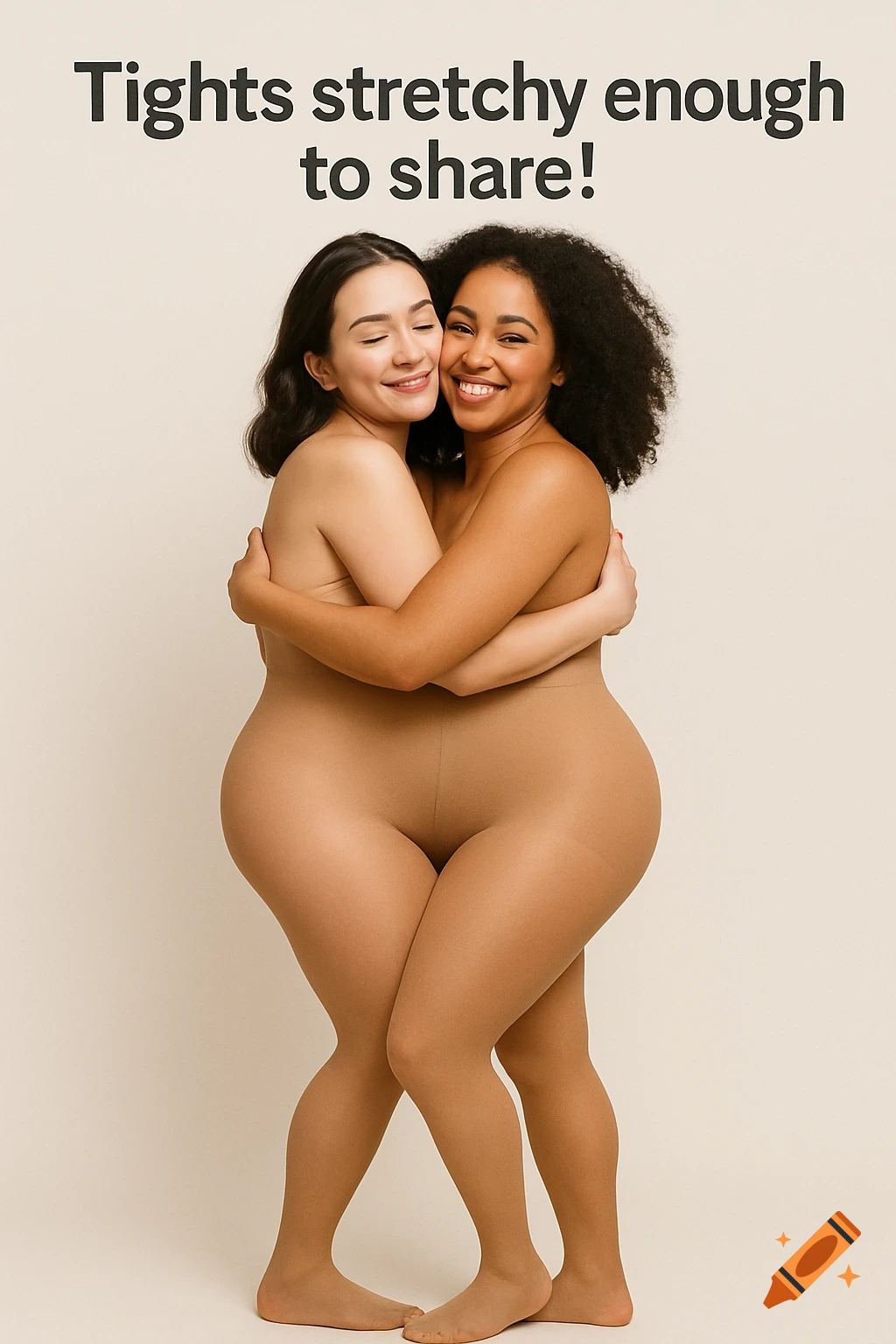 Two women in nude tights hugging, with text 'Tights stretchy enough to share!'