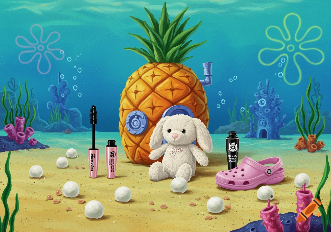 Illustration of a white plush bunny, pink Crocs, mascara, and white candies underwater next to a pineapple house, in the style of SpongeBob SquarePants.