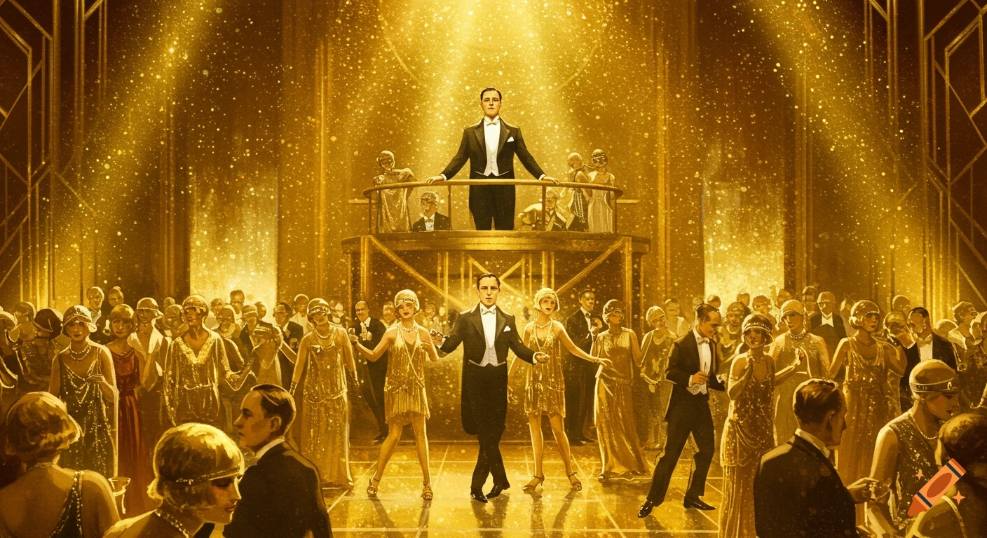 Golden illustration of a 1920s Great Gatsby party with many people dancing and socializing