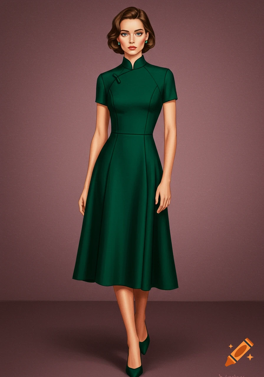 Illustration of a woman in an emerald green tea-length dress with princess seams and high collar.