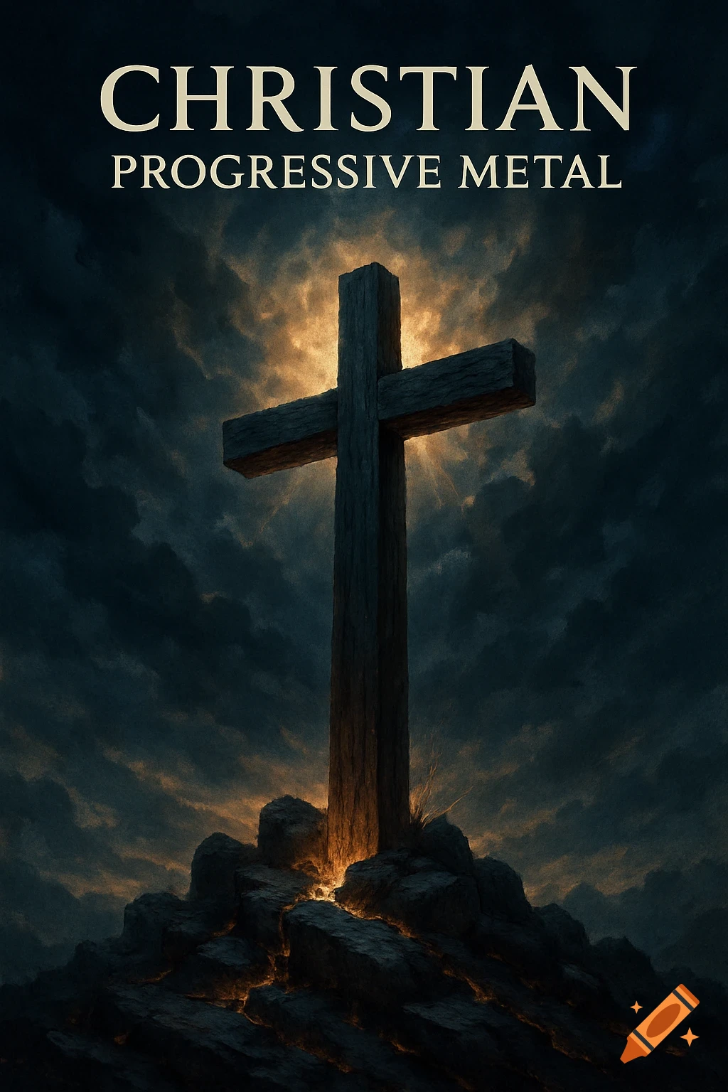 A wooden cross on a rocky hill against a stormy sky with text 'Christian Progressive Metal' above.