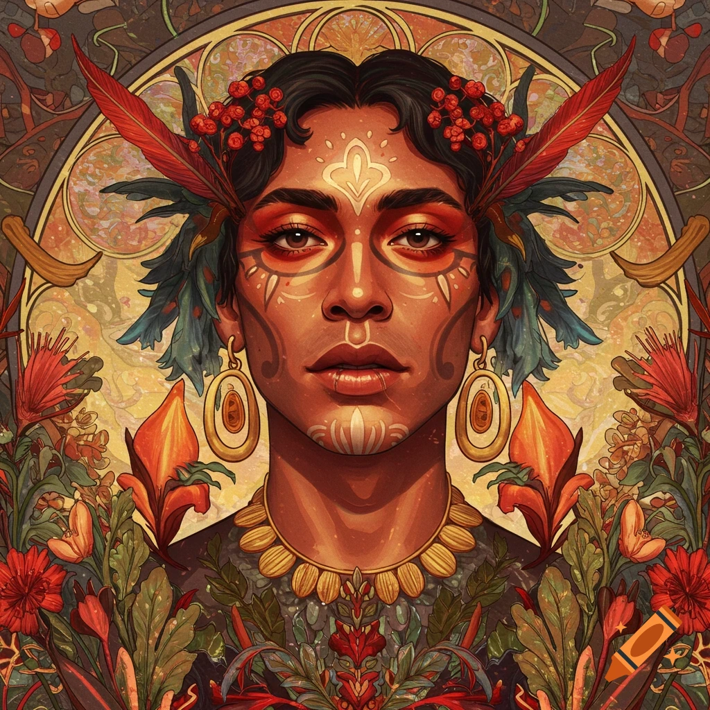 Portrait of a person with face paint, feathers, and berries in a decorative, illustrative style.