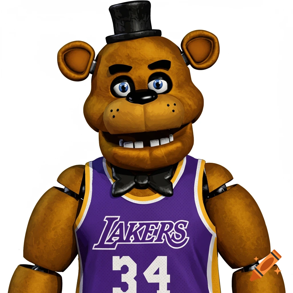 Freddy Fazbear from FNAF wearing a purple and yellow Lakers jersey with number 34.