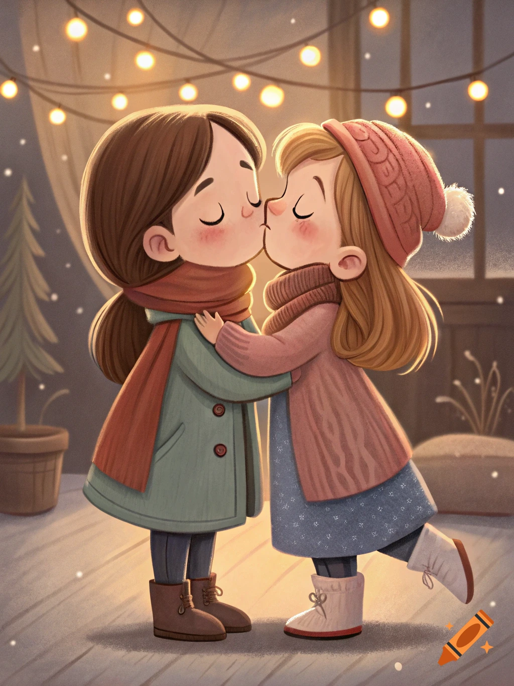 Cartoon illustration of two girls kissing indoors, wearing winter clothes, with string lights.
