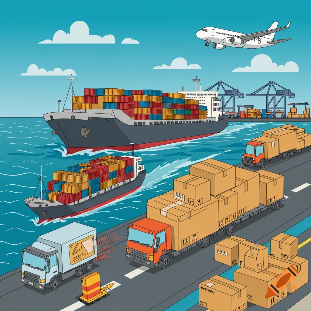 Vector illustration of global transportation with ships, trucks, and airplane