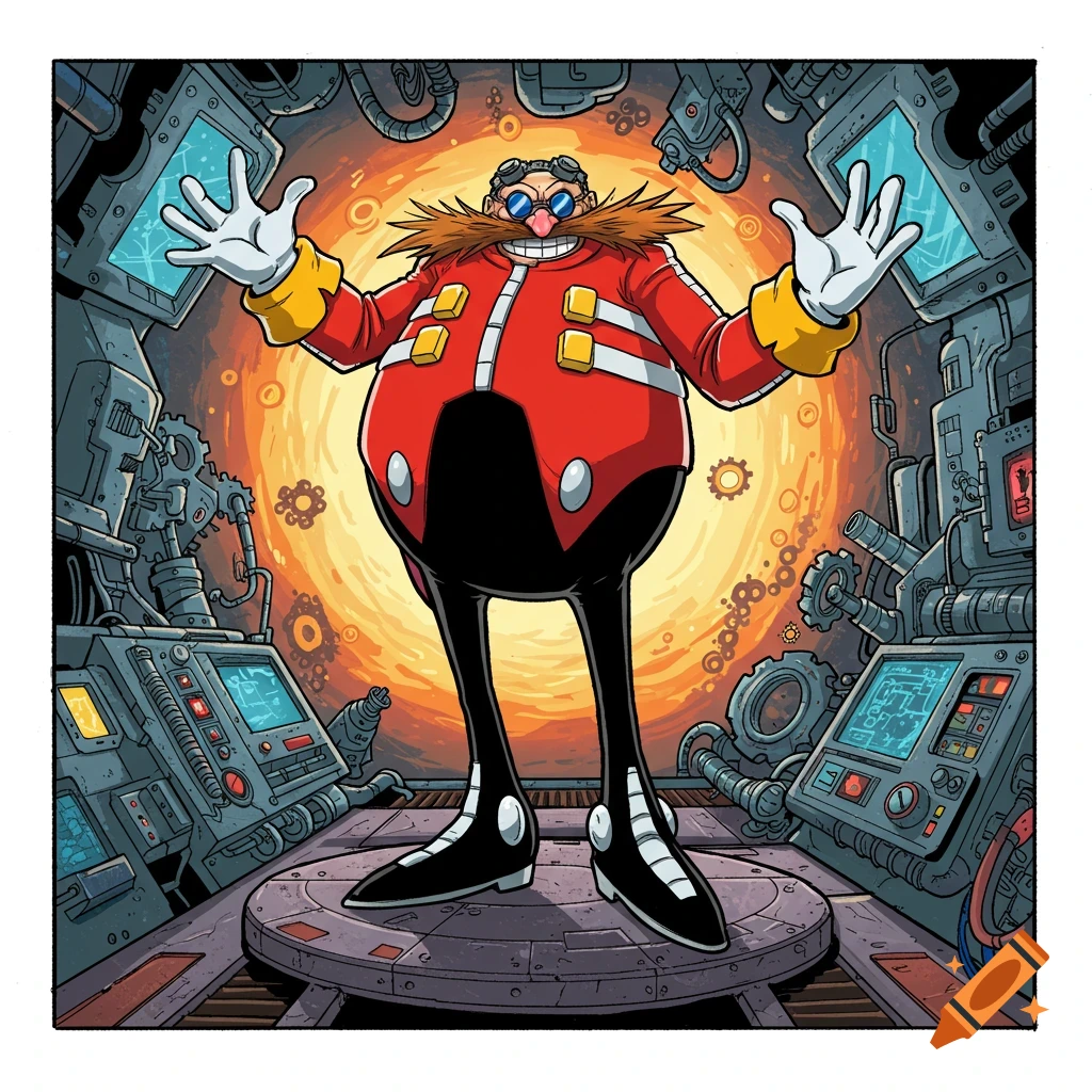 Dr. Robotnik in his classic red jacket and goggles stands in his mechanical lab.