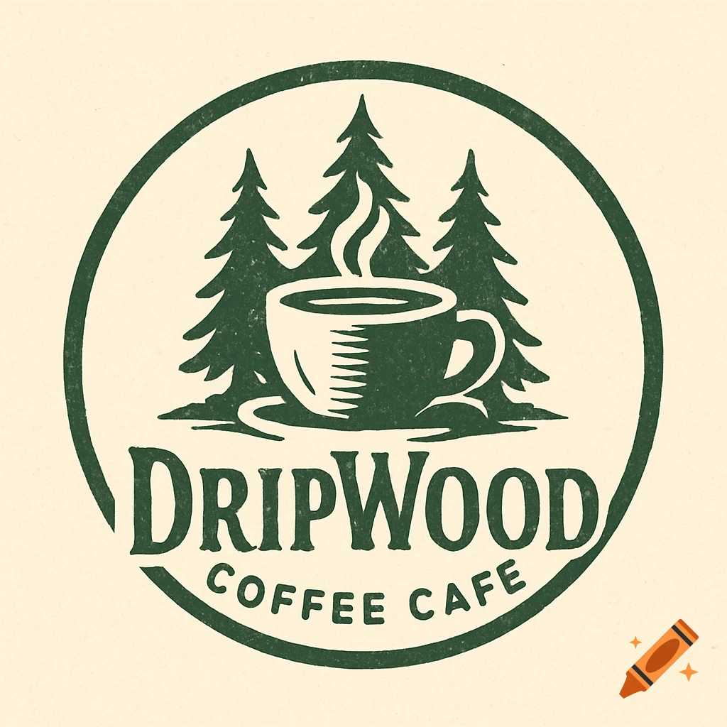Logo for DripWood Coffee Cafe with a coffee cup, steam, and pine trees in a circle