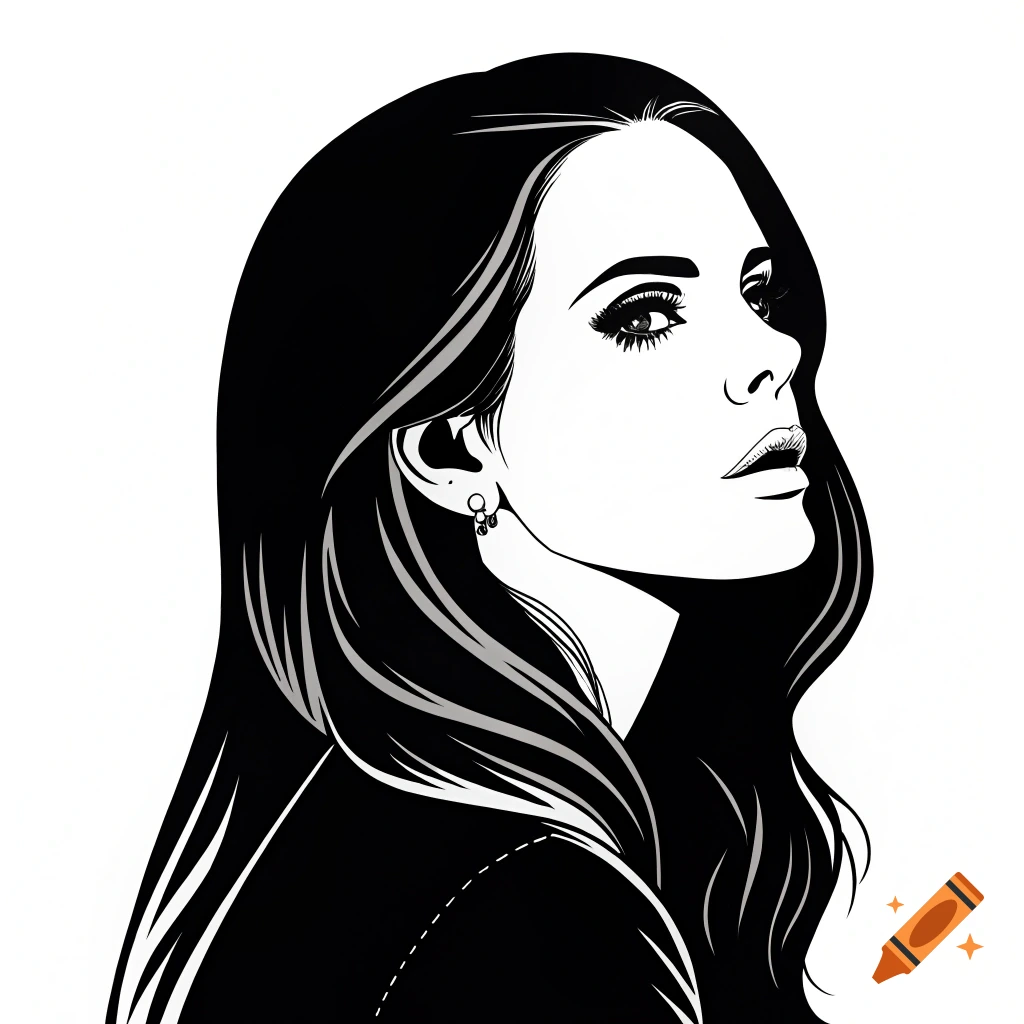 Black and white illustration of a woman in profile.