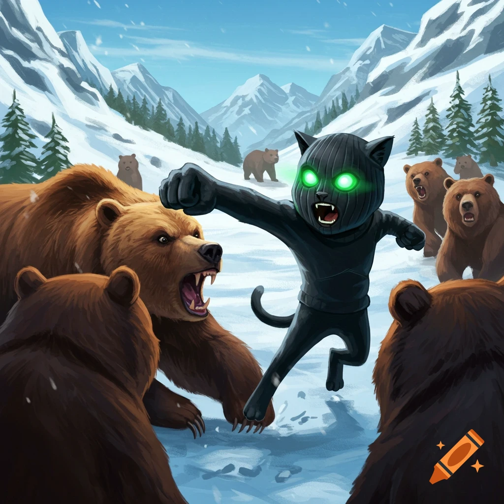 Cartoon cat in ski mask fighting bears in snowy mountains