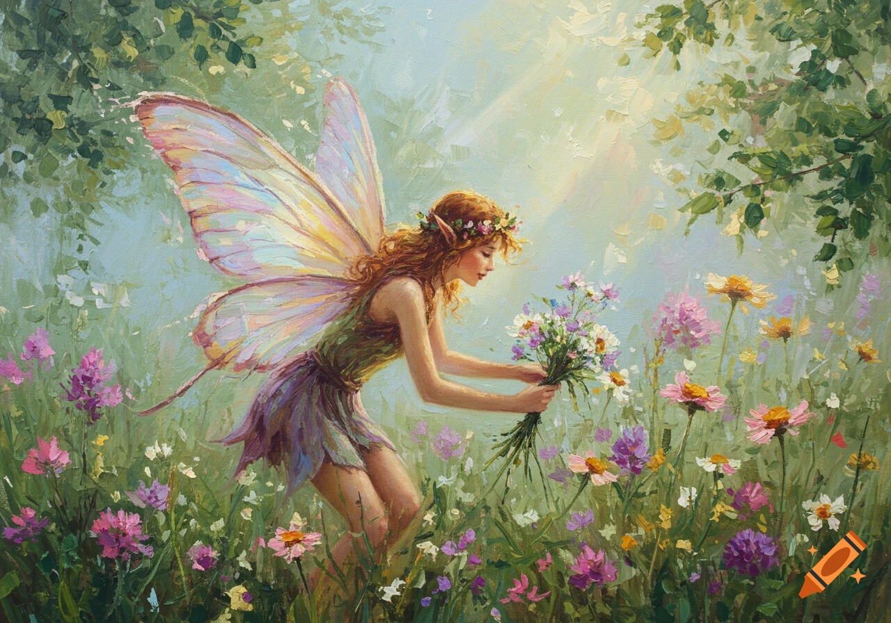 An impressionist painting of a fairy picking flowers in a field.