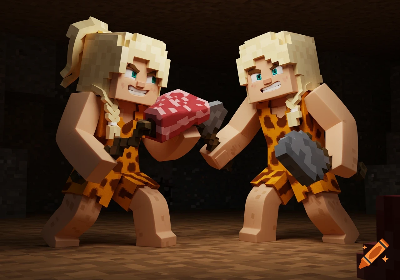 Two blocky blonde cavewomen in leopard-print outfits fight over a piece of meat in a cave.