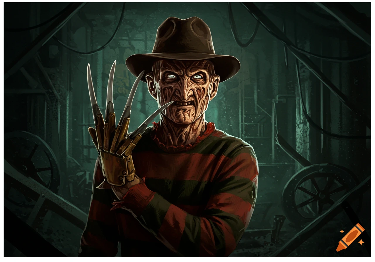 Illustration of Freddy Krueger holding up his clawed glove in a dark industrial setting.