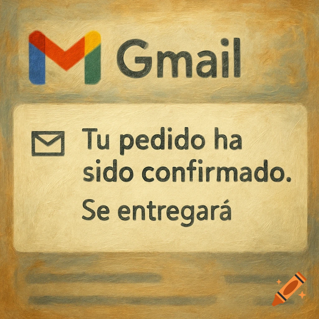 Gmail email notification with Spanish text: 'Tu pedido ha sido confirmado.' Painted style.