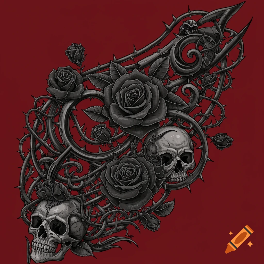 Gothic tattoo design with skulls, black roses, and thorns on a red background.
