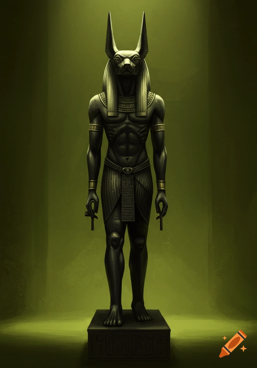 A metal Egyptian style statue of Anubis standing in an olive green room.