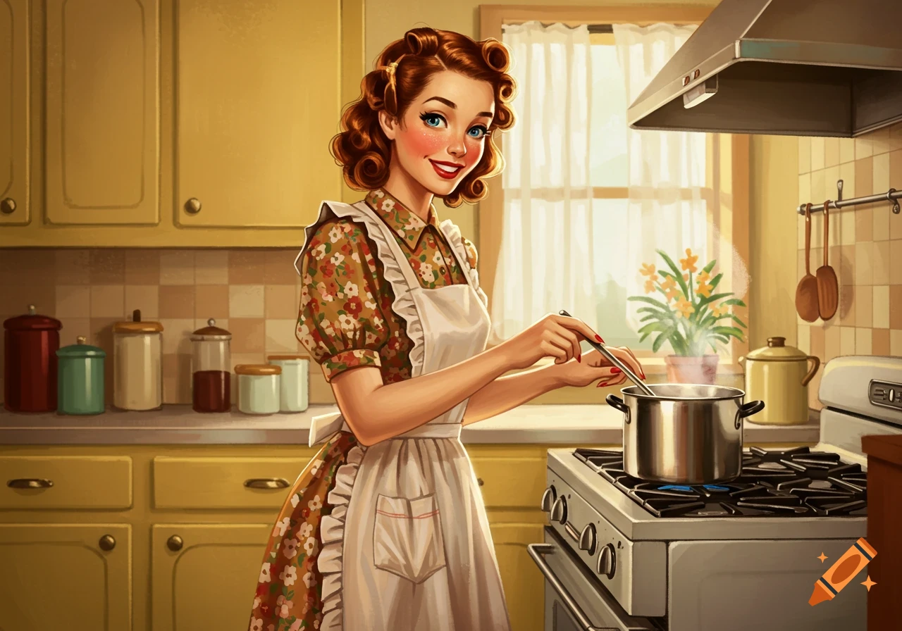 A 1940s style illustration of a housewife stirring a pot on a stove in a kitchen.