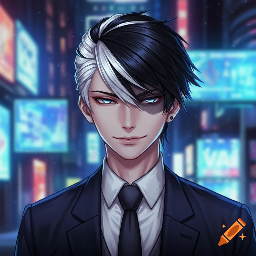 Anime portrait of a young man in a suit with split black and white hair in front of blurry city lights.