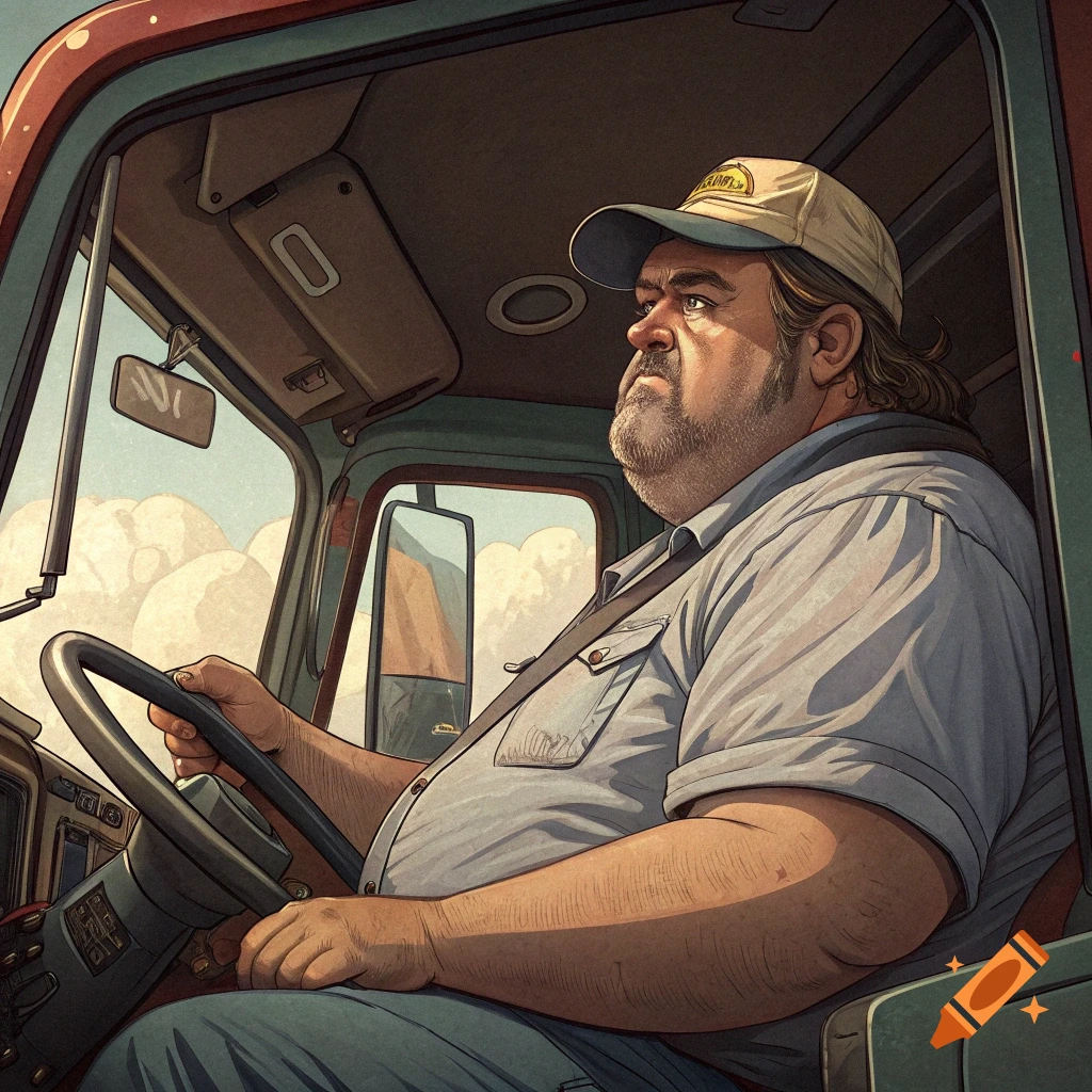 An obese man driving a truck, viewed from the passenger seat. Stylized illustration.