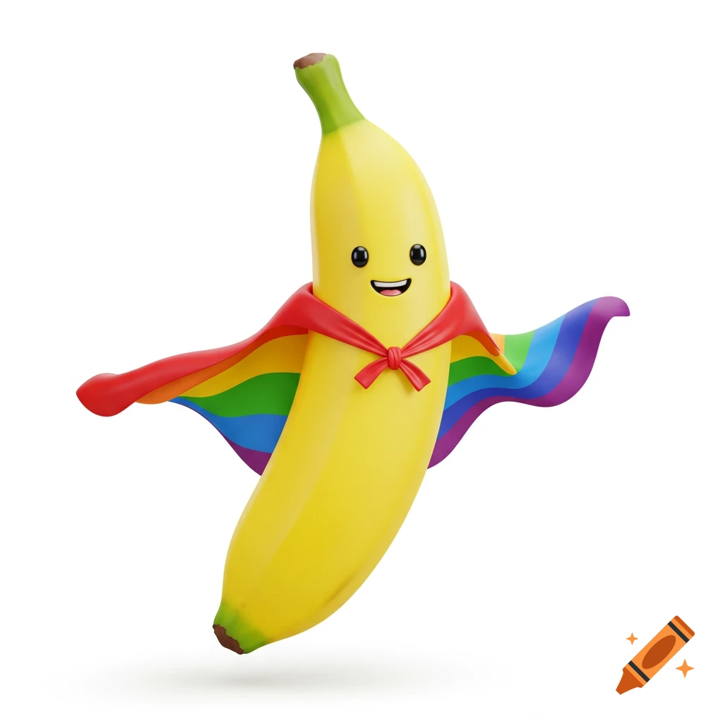 A cute cartoon banana character with a face and arms wears a rainbow pride flag as a superhero cape while floating on a white background.