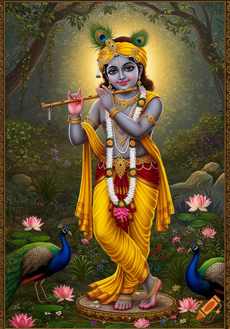 Krishna with blue skin, playing a flute, adorned with yellow and red clothing and peacock feathers, stands in a lush forest setting with peacocks and lotus flowers.