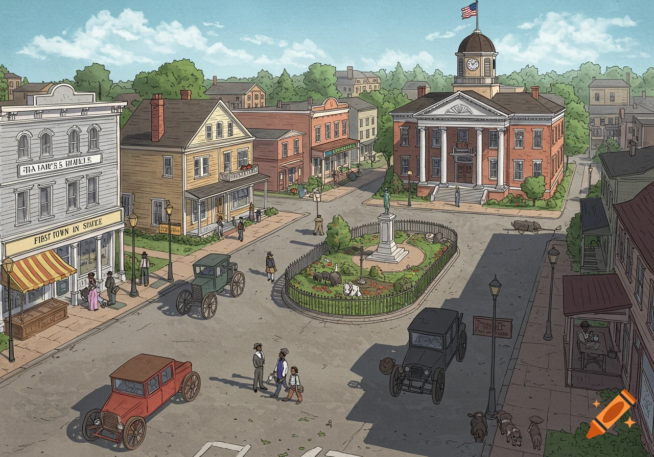 Illustration of a historical town square with courthouse, shops, people, and early cars.