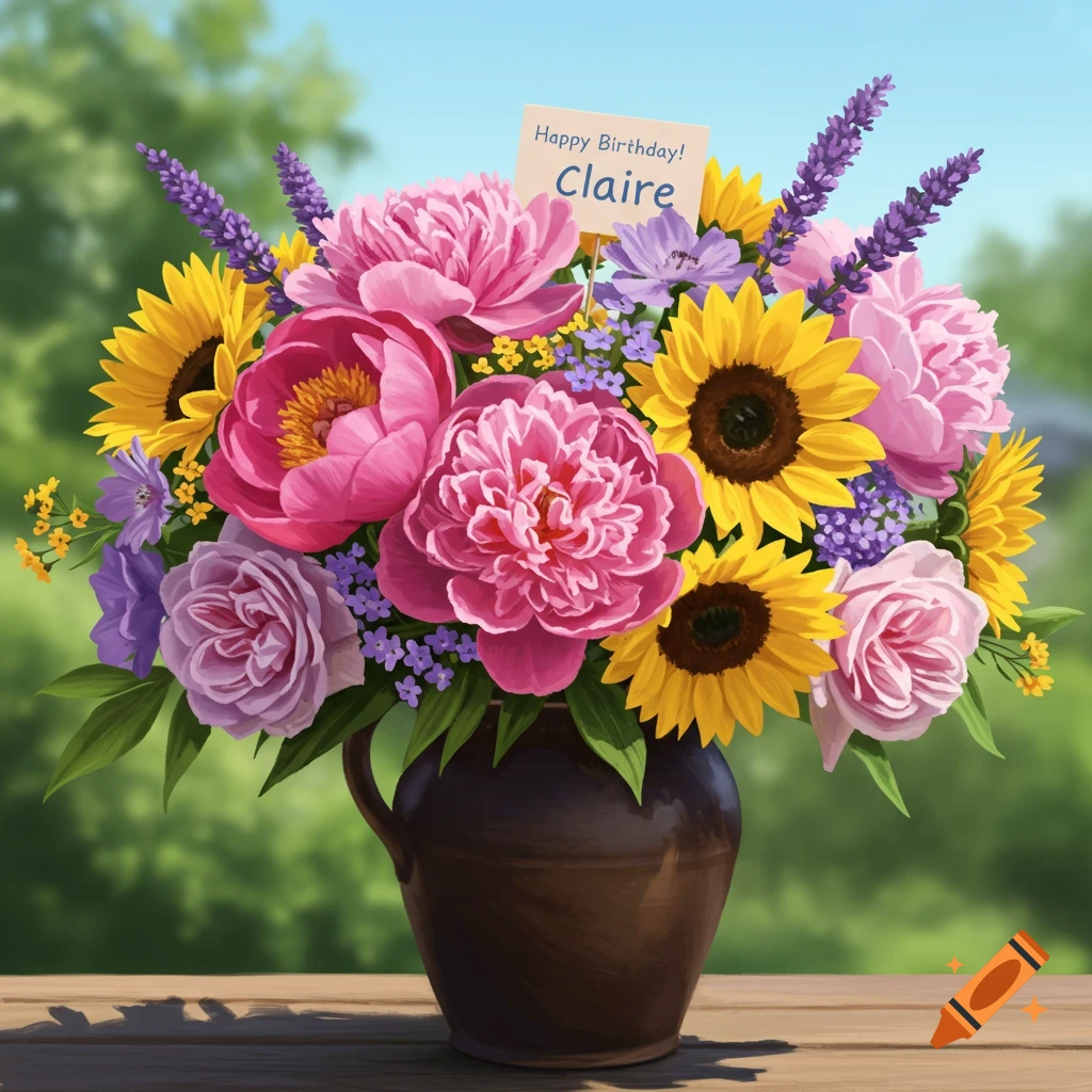 A digital painting of a vibrant bouquet with pink peonies, yellow sunflowers, and lavender in a vase on a table with a birthday card.