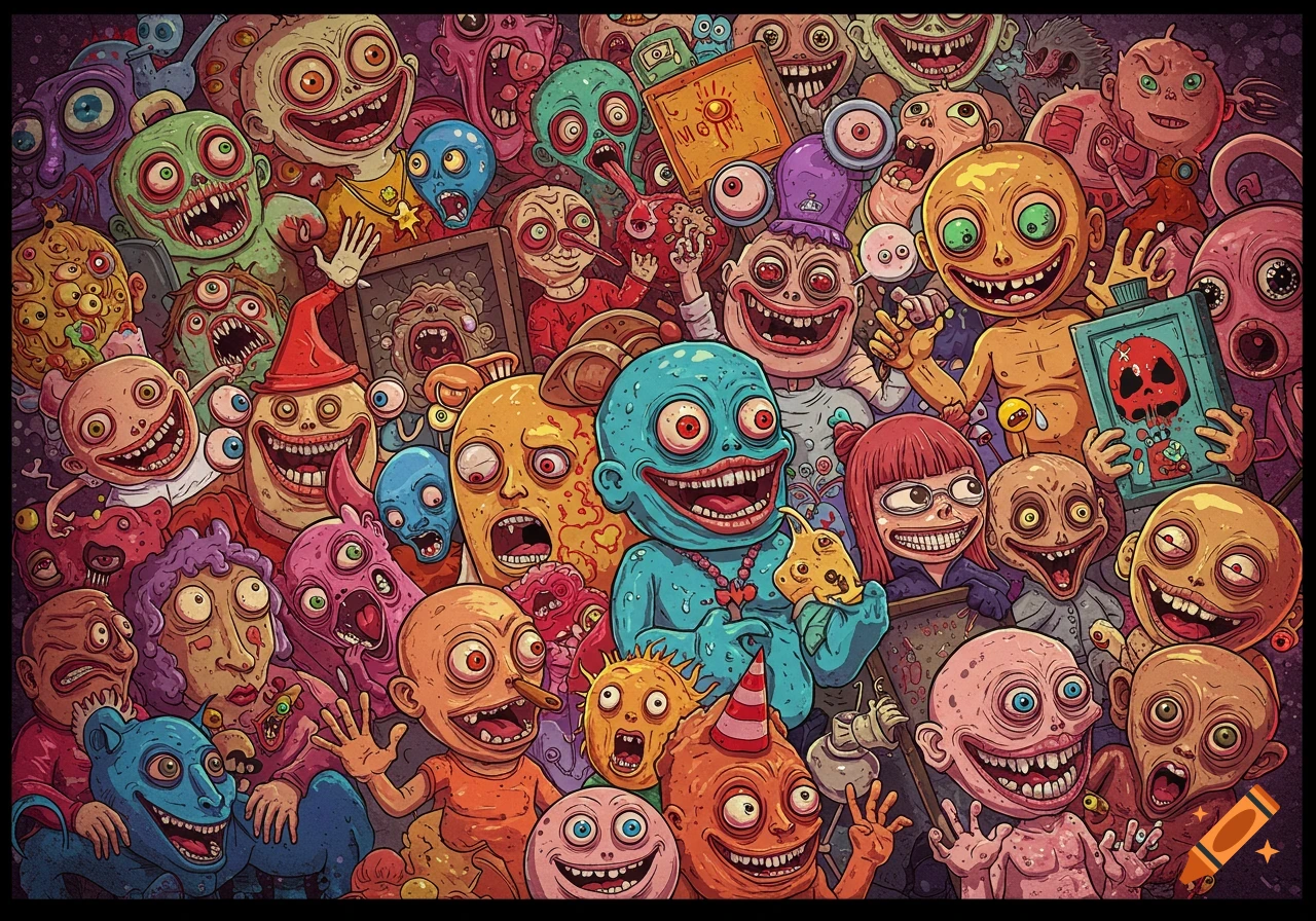 A crowd of many cartoonish, creepy monster faces with large eyes and teeth.