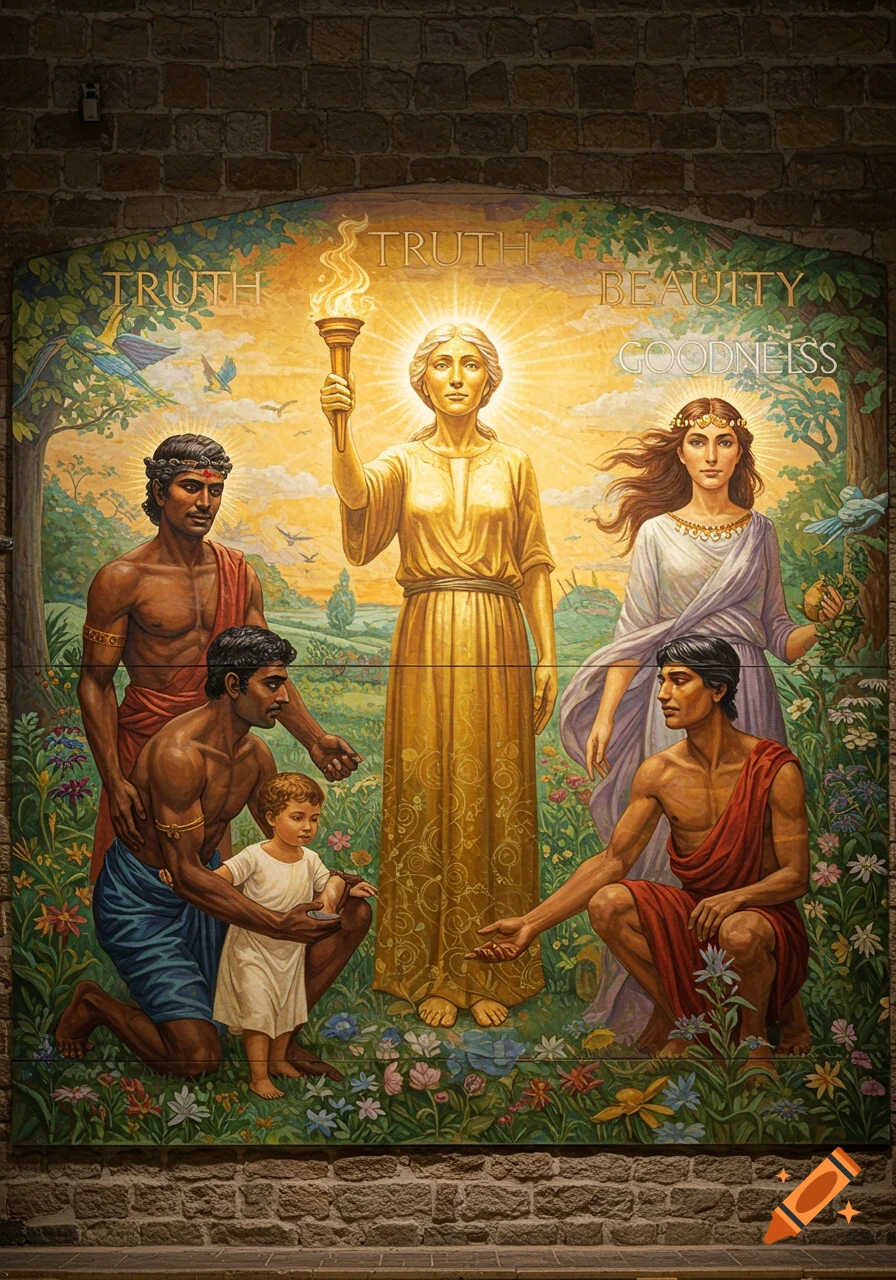 Mural depicting allegorical figures representing Truth, Beauty, and Goodness, surrounded by nature.