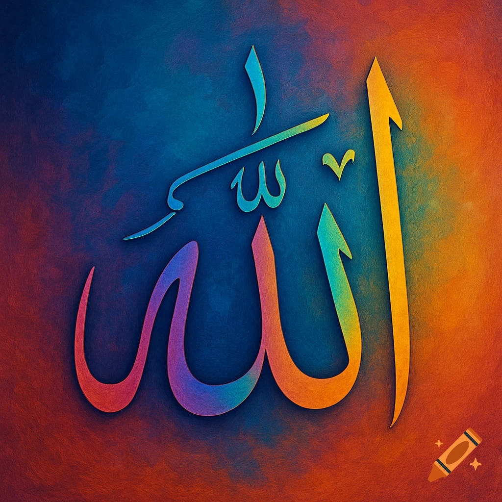 Arabic calligraphy of the word "Allah" in vibrant gradient colors on a textured blue and orange background.
