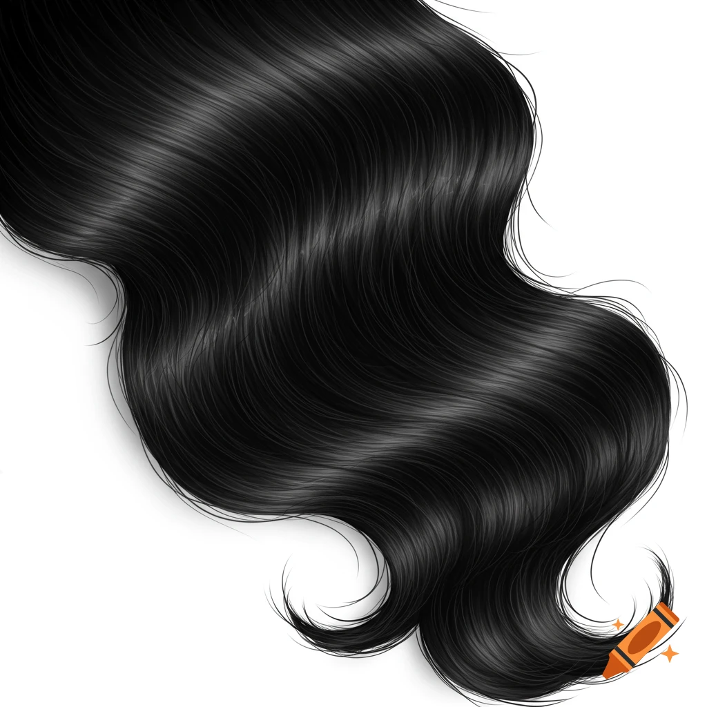 Shiny, wavy black hair flowing on a white background.
