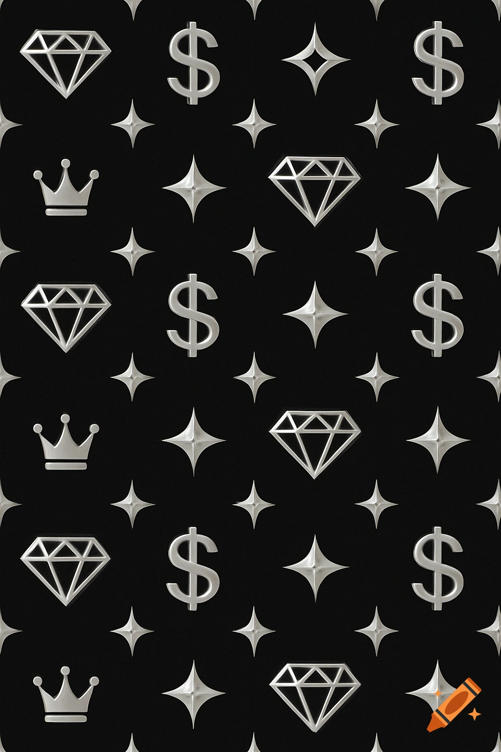 Repeating pattern of silver diamonds, dollar signs, stars, and crowns on a black background.